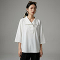 T-shirt blanc ample à col chemise et manches trois-quarts - Koreanxwear - Taille S