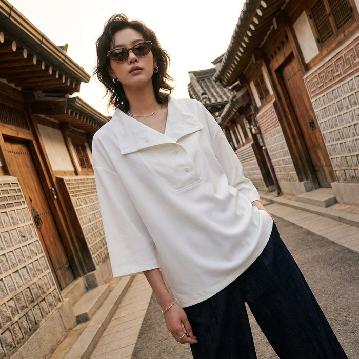 T-shirt blanc ample à col chemise et manches trois-quarts - Koreanxwear