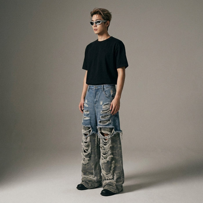 Jean camouflage homme streetwear - Denim bleu, taille mi-haute, K-fashion - Taille S
