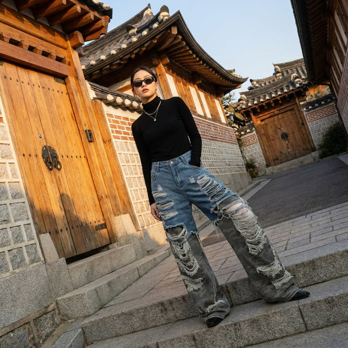 Jean camouflage homme streetwear - Denim bleu, taille mi-haute, K-fashion