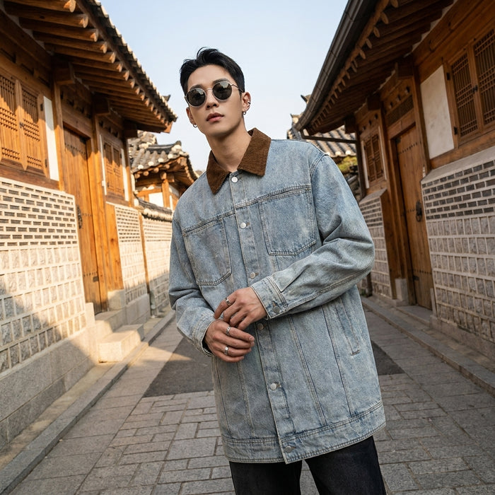 Veste en jean délavée et color block, coupe ample - Koreanxwear