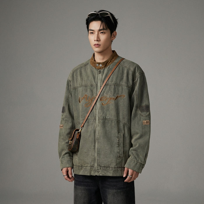Veste moto denim délavée avec col montant - Koreanxwear - Taille M