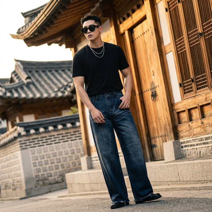 Pantalon denim droit lavé pour homme - K-fashion