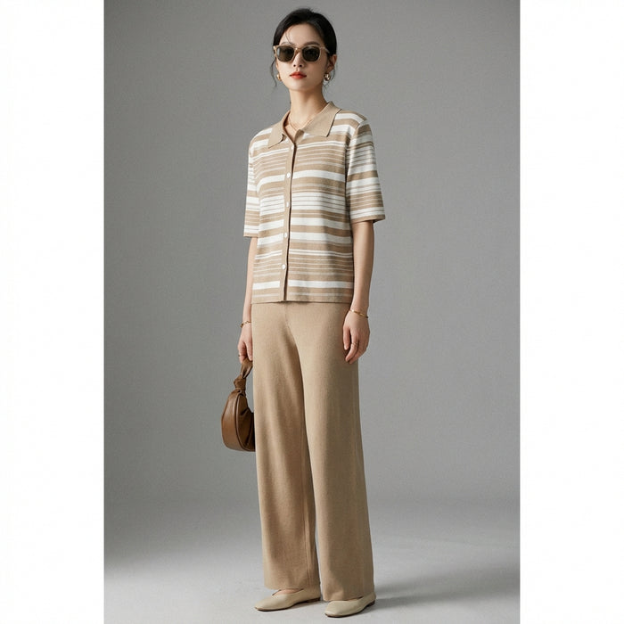 Ensemble rayé décontracté femme - Koreanxwear. Haut et pantalon longs. Mode K-fashion estivale. - Taille One Size