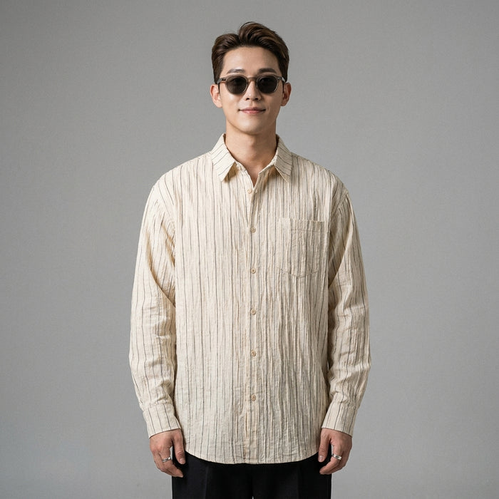 Chemise rayée décontractée unisexe en coton, style streetwear ample - Koreanxwear - Taille M