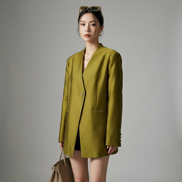 Blazer vert décontracté femme, col V et poches - Koreanxwear - Taille S