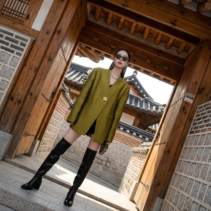 Blazer vert décontracté femme, col V et poches - Koreanxwear