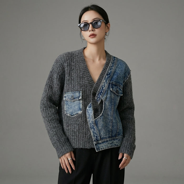 Pull tricoté col V gris pour femme - Koreanxwear - Taille S