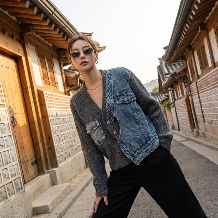 Pull tricoté col V gris pour femme - Koreanxwear
