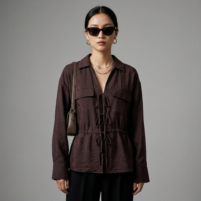 Chemise col V manches longues marron - Koreanxwear - Taille XS