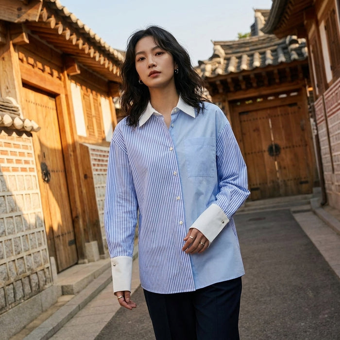 Chemise rayée décontractée à manches longues - Mode K-fashion