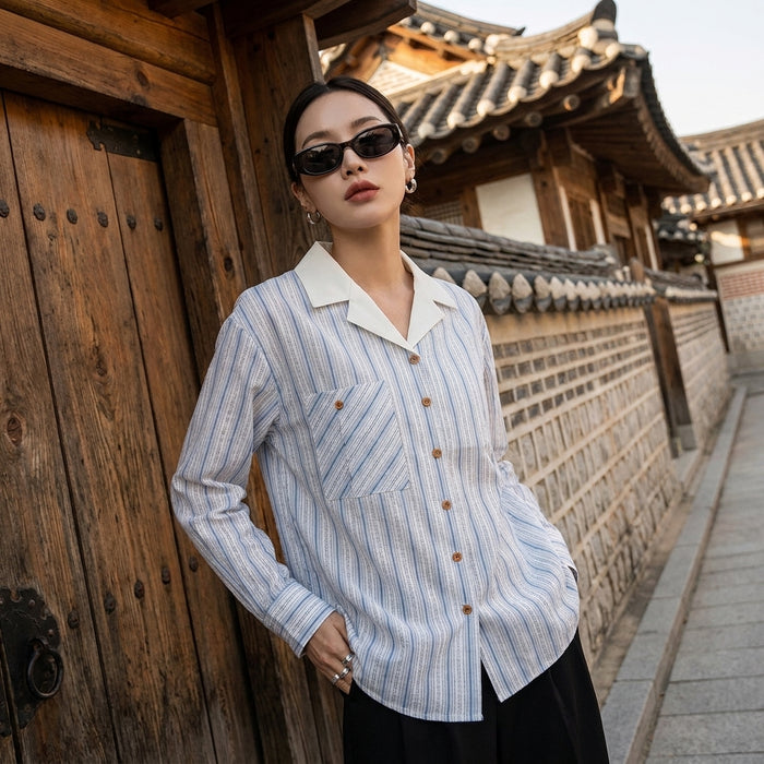 Chemise rayée bleue femme, style K-fashion moderne - Koreanxwear
