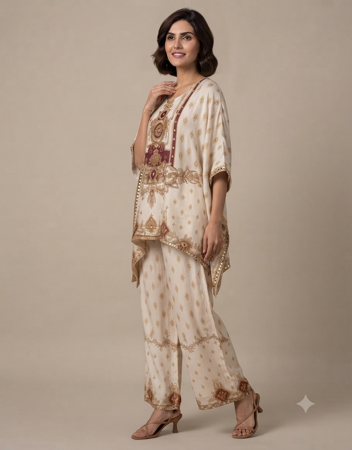 Model wearing an elegant cream-colored printed tunic and matching trousers set against a muted beige background.
