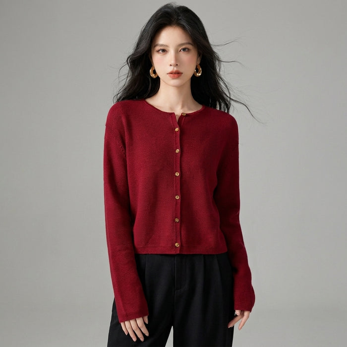 Cardigan en maille col rond rouge, style décontracté chic - Koreanxwear - Taille S