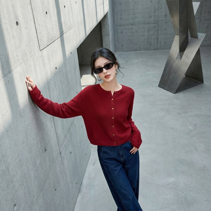 Cardigan en maille col rond rouge, style décontracté chic - Koreanxwear