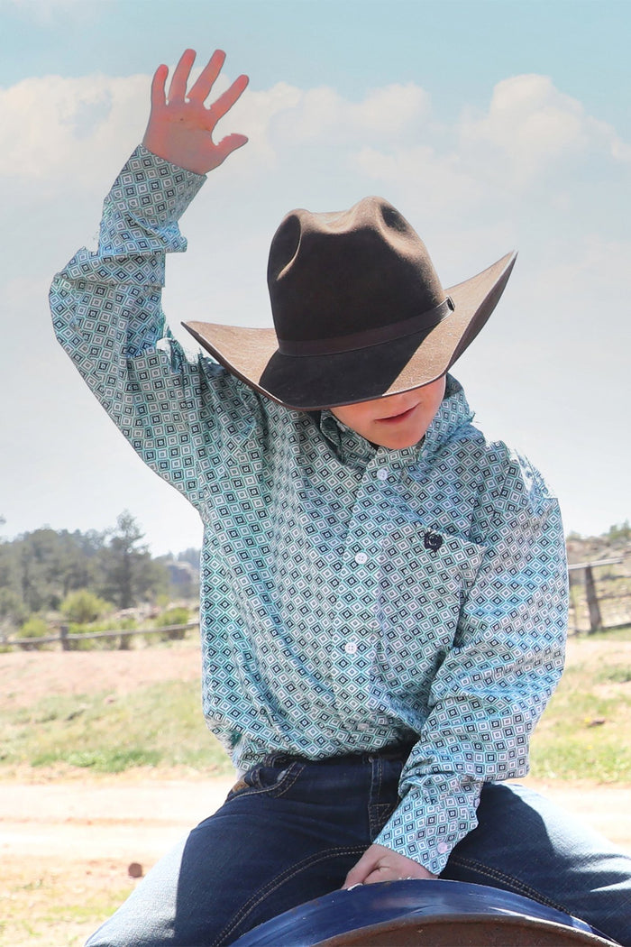 Cinch Youth Boy's L/S Geometric Print Button Down Western Shirt in Turquoise