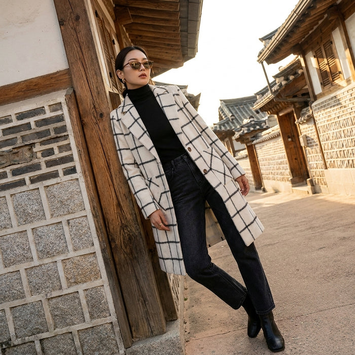 Manteau long à carreaux gris coupe ample - K-fashion femme
