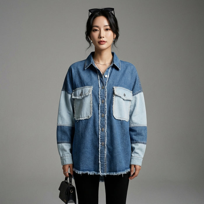 Veste denim color block oversize femme - Koreanxwear - Taille S