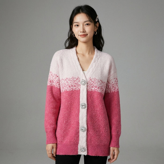 Cardigan colorblock col V ample avec détails losanges - Koreanxwear - Taille S