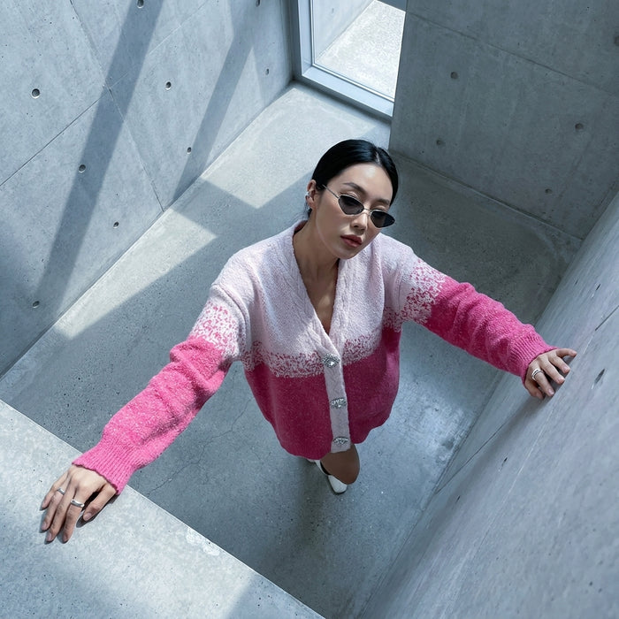 Cardigan colorblock col V ample avec détails losanges - Koreanxwear