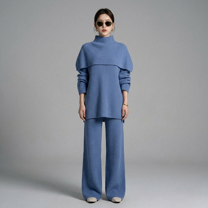 Ensemble maille décontracté femme, pull col montant, pantalon large, châle. K-fashion hiver. - Taille One size