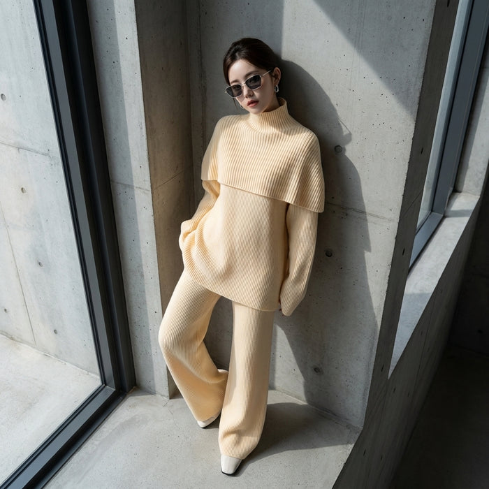 Ensemble maille décontracté femme, pull col montant, pantalon large, châle. K-fashion hiver.