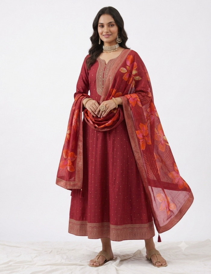 A woman models a traditional Indian outfit consisting of a deep red anarkali dress with gold embroidery, a matching red dupatta with orange floral prints, and brown flat sandals, set against a plain white studio background.