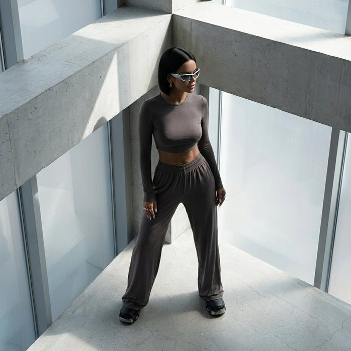Ensemble Crop Top et Pantalon ajusté K-fashion noir - Koreanxwear