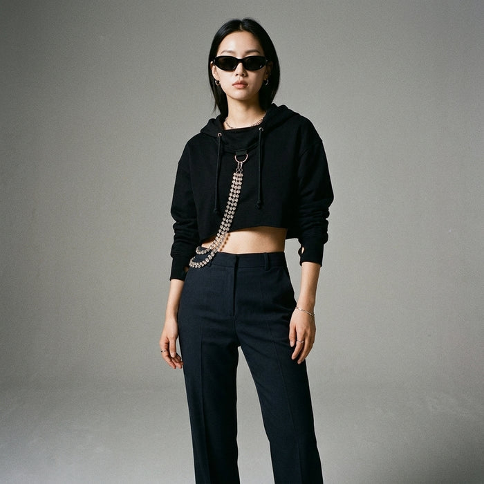 Sweat court à capuche noir avec chaîne - Mode K-fashion - Taille S