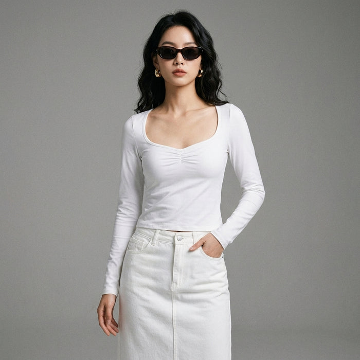 Top court blanc à manches longues et col carré - K-fashion femme - Taille S