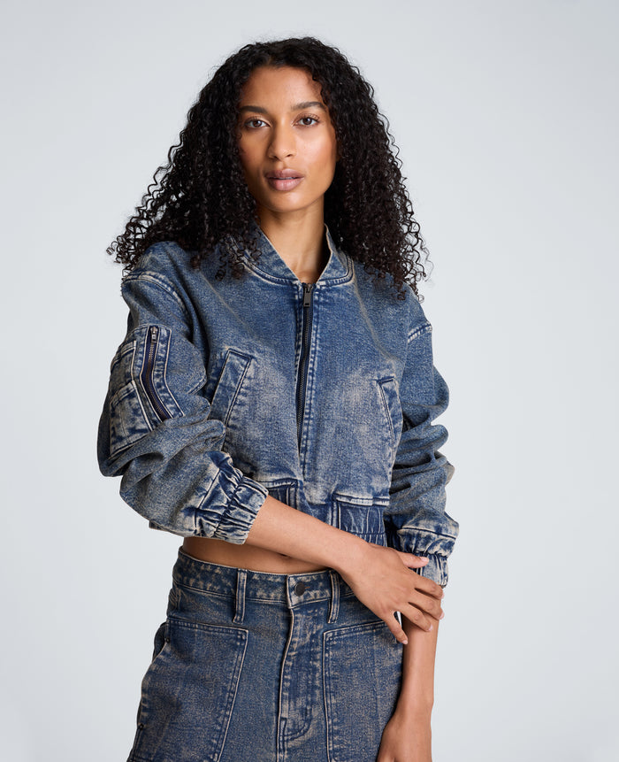 Cropped Zip Front Bomber Jacket