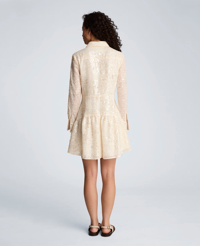 Curved Yoke Sequin Mini Long Sleeve Shirt Dress