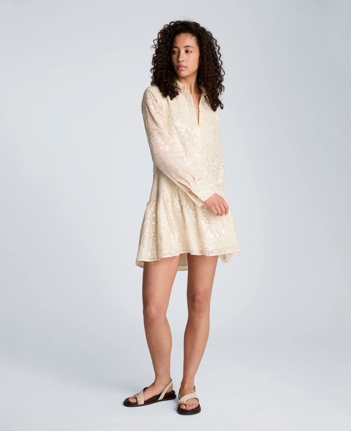 Curved Yoke Sequin Mini Long Sleeve Shirt Dress