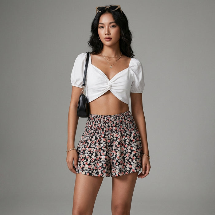 Shorts femme taille élastique imprimé fleur de daisy - Koreanxwear - Taille XS