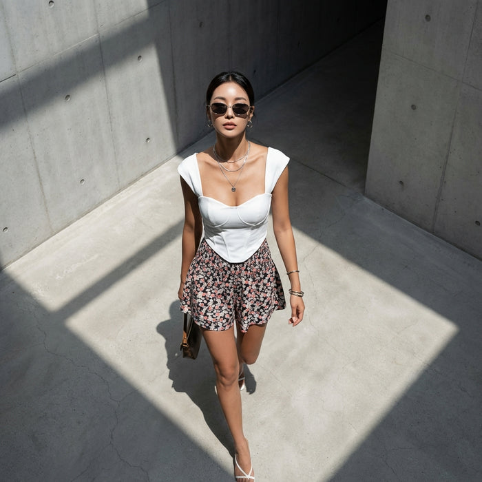 Shorts femme taille élastique imprimé fleur de daisy - Koreanxwear