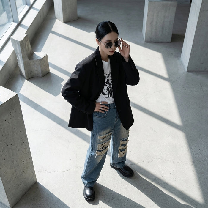 Pantalon denim droit déstructuré unisexe - Koreanxwear