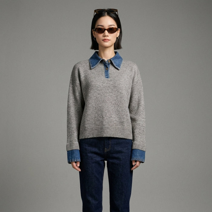 Denim Spliced Two-Piece Sweater Women's Lazy Style Wool Knitwear Heavyweight Thickened Versatile Base Layer Top - Koreanxwear