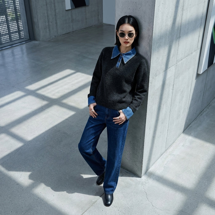 Denim Spliced Two-Piece Sweater Women's Lazy Style Wool Knitwear Heavyweight Thickened Versatile Base Layer Top - Koreanxwear