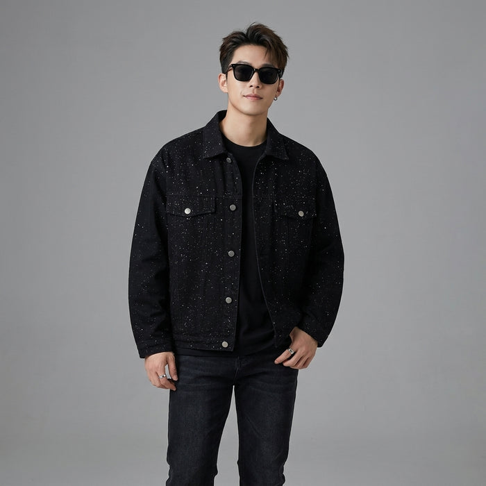 Veste denim déchirée noire avec sequins, coupe ample streetwear - Koreanxwear - Taille M