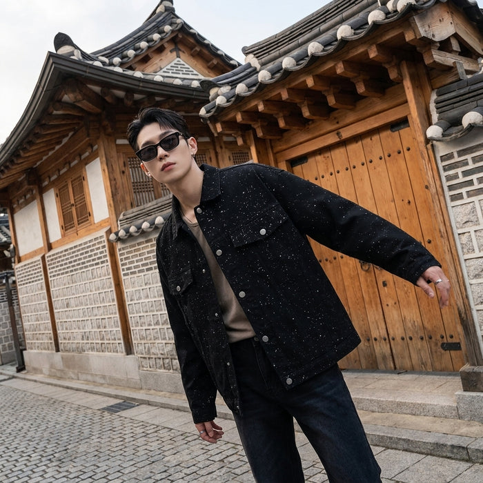 Veste denim déchirée noire avec sequins, coupe ample streetwear - Koreanxwear