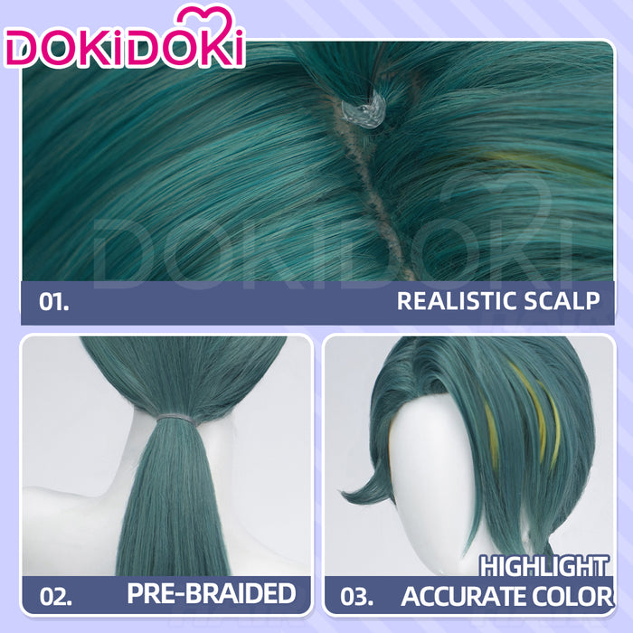 DokiDoki Game Cosplay Trainer Wig Long Straight Green Yellow Highlight Hair