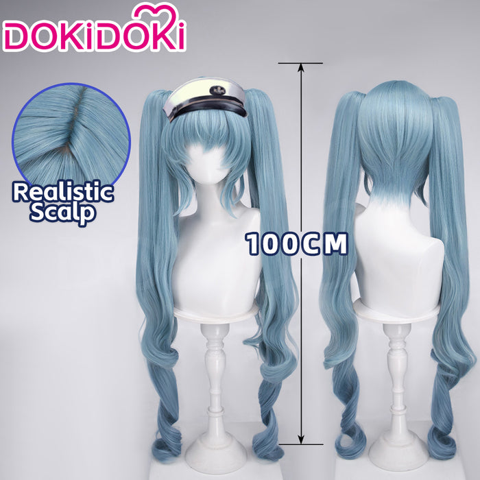 DokiDoki Game Cosplay Wig Long Curly Dusty Blue Hair Detachable Ponytail