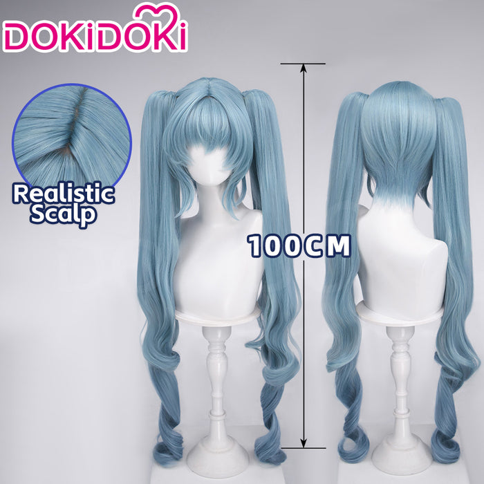DokiDoki Game Cosplay Wig Long Curly Dusty Blue Hair Detachable Ponytail