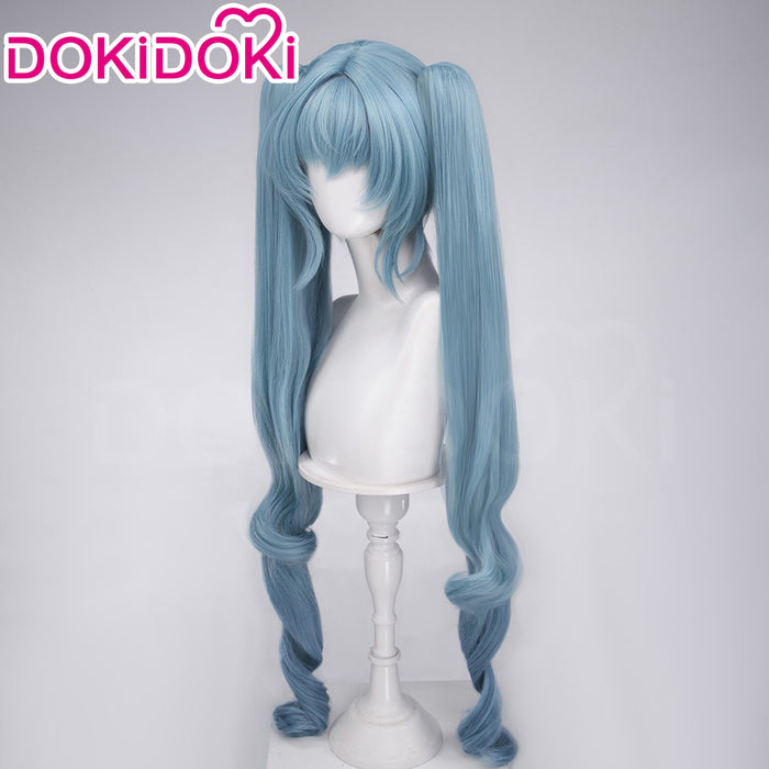 DokiDoki Game Cosplay Wig Long Curly Dusty Blue Hair Detachable Ponytail