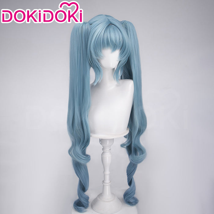 DokiDoki Game Cosplay Wig Long Curly Dusty Blue Hair Detachable Ponytail