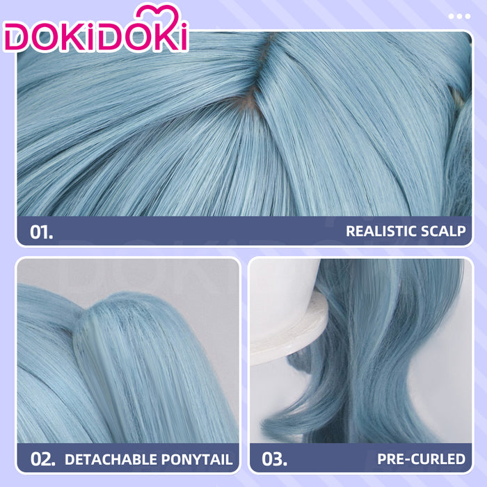 DokiDoki Game Cosplay Wig Long Curly Dusty Blue Hair Detachable Ponytail