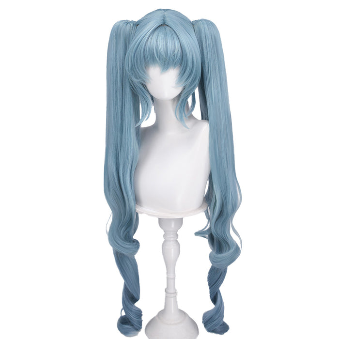 DokiDoki Game Cosplay Wig Long Curly Dusty Blue Hair Detachable Ponytail