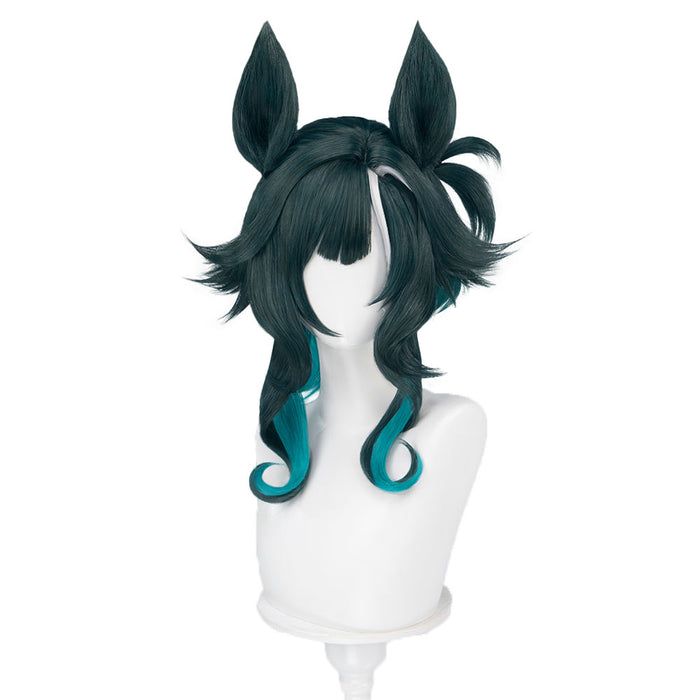 DokiDoki Game Cosplay Wig Short Curly Green Hair White Highlight Detachable Ears