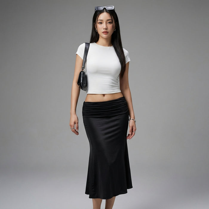 Jupe plissée noire mi-longue, style élégant K-fashion pour femme - Taille S