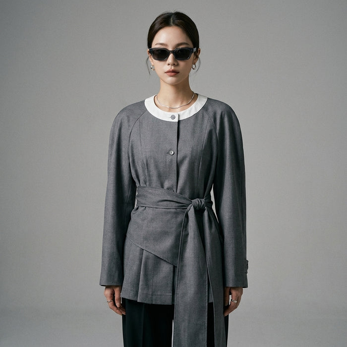 Veste cintrée femme grise avec détails contrastés et ruban - Koreanxwear - Taille S